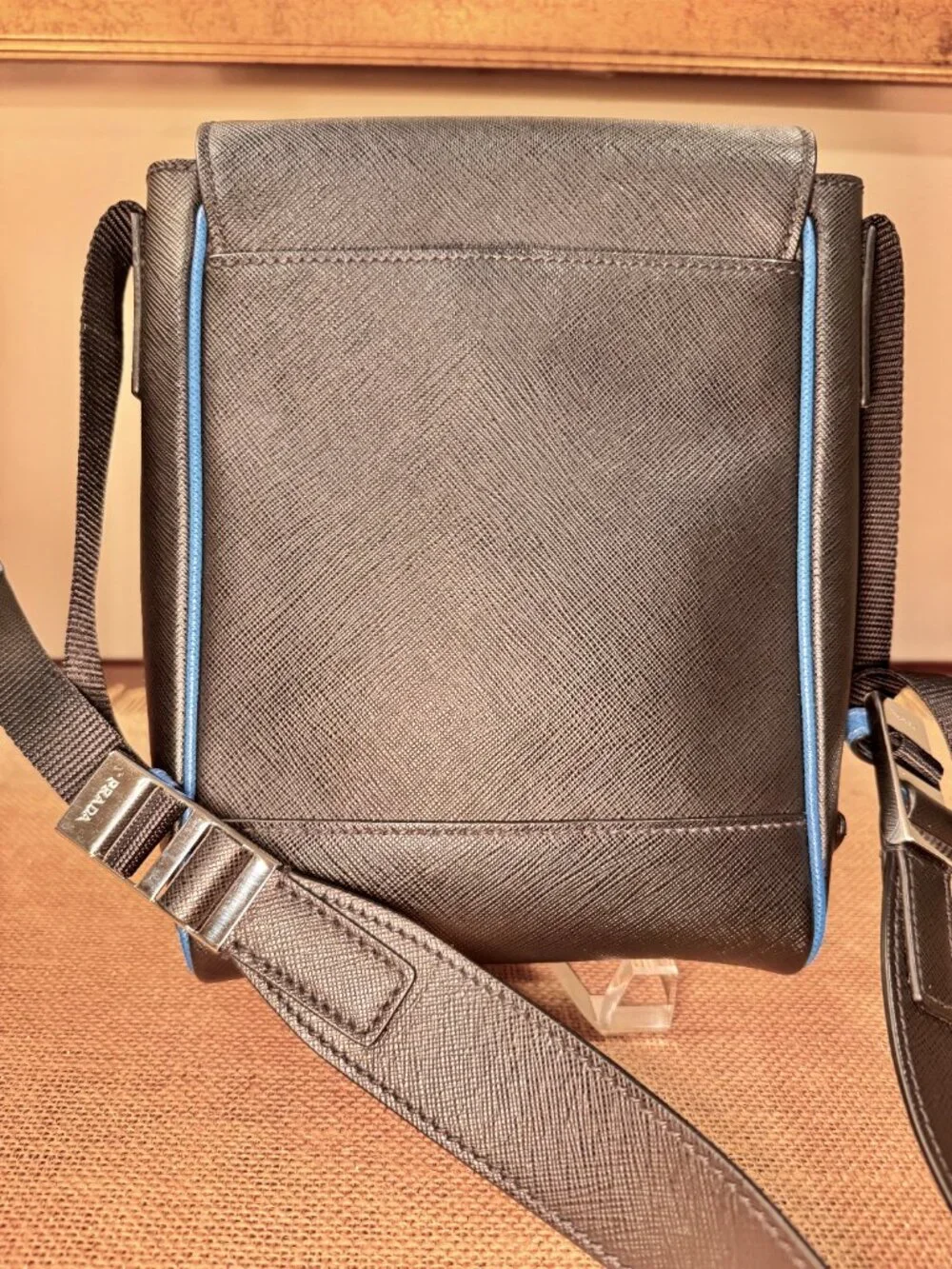 Prada Saffiano Leather Crossbody Bag — Black with Blue Trim